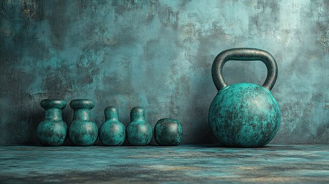 Collection of vintage-style kettlebells arranged on a textured surface in a fitness studio setting