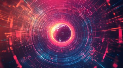 Obraz premium A digital representation of Earth surrounded by abstract technology patterns.