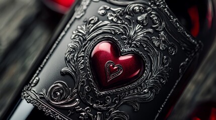 Premium valentine's wine label, black and deep red tones, silver embossed heart emblem, hand-drawn typography, luxury romantic aesthetic