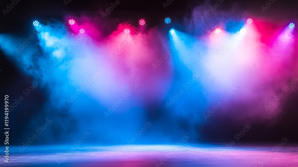 Poster an empty stage is highlighted by blue and pink spotlights, while swirling smoke adds depth to the vi