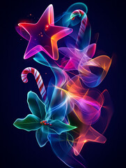 Obraz premium Neon Christmas candy canes, star, and poinsettia; festive holiday design, ideal for cards