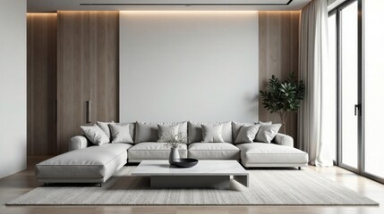 Modern Sectional Sofa in a Minimalist Living Room with Wooden Accents and Floor-to-Ceiling Windows