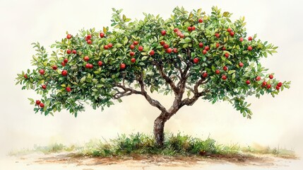 Lush apple tree laden with ripe red apples against a soft, light background.