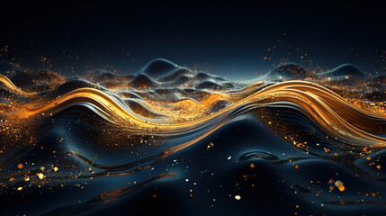 Obraz premium Gold Emanates From The Middle Combination Of Golden Dots Lines And Surfaces Abstract Wavy Background