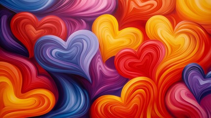 Psychedelic Valentine's Day poster with swirling heart patterns, vibrant colors, abstract art