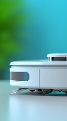 Fototapeta premium Sleek robotic vacuum cleaner sits quietly on bright surface soft light enhances clean design. AI Generated