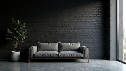 Modern Minimalist Interior Design Gray Sofa Against Dark Brick Wall with Potted Plant