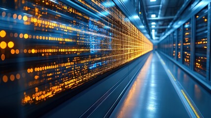 Fototapeta premium Abstract representation of data processing with glowing orange lights and a futuristic corridor showcasing the speed and flow of information in a digital environment