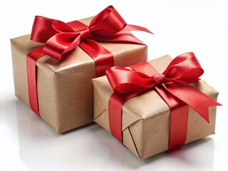 Obraz premium Elegant Gift Boxes: Close-up Craft & Red Wrapped Presents with Satin Ribbons on White