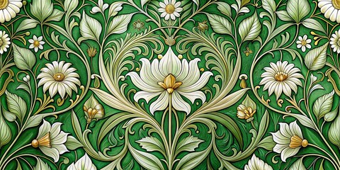 Elegant Green & White Art Nouveau Floral Panoramic Wallpaper