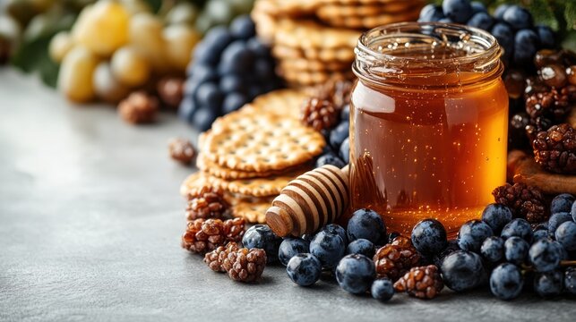 A rustic arrangement of honey, berries, and crackers on a textured surface, evoking a cozy gathering