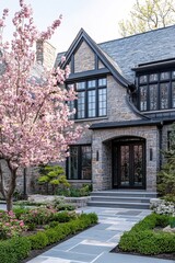 Elegant Stone House Spring Blossoms Peaceful Garden Path