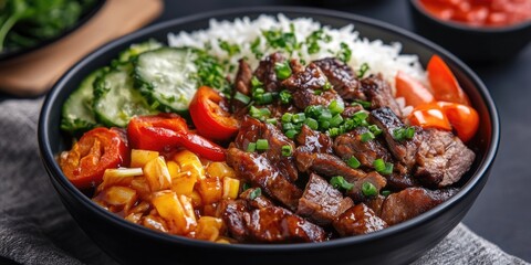 Fototapeta premium Food Bowl with Rice, Meat, and Vegetables