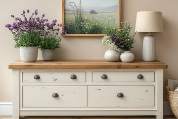 White sideboard with oak top, two doors, three drawers on the right, and one door at each end, placed next to TV stand in modern living room.