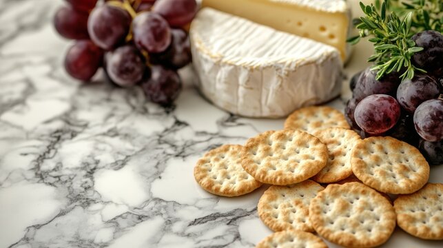 A beautifully arranged cheese platter featuring Brie, grapes, crackers, and herbs on a marble surface