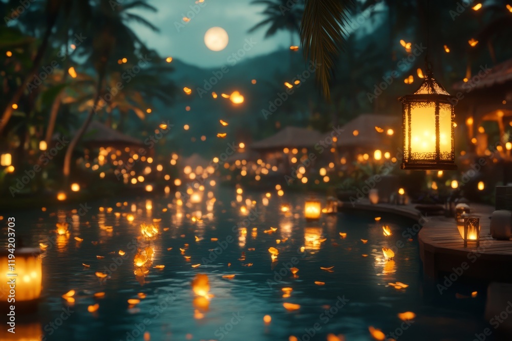 Poster full moon casts light on tranquil river, while glowing plants and lanterns illuminate the forest, cr