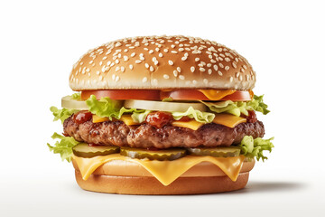 A close-up shot of a deformed hamburger, its patty and bun shattered by a bullet's impact, lies isolated  burger, isolated on white background 