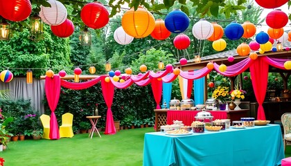 Colorful outdoor party decorations and buffet table