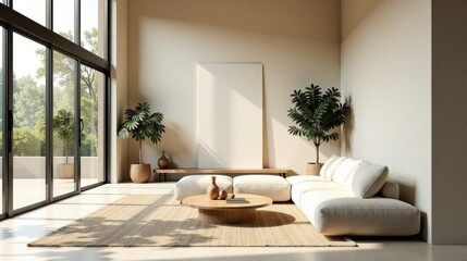 Serene Minimalist Living Room Design with Natural Light and Neutral Tones Featuring a Modular Sofa and a Wooden Coffee Table