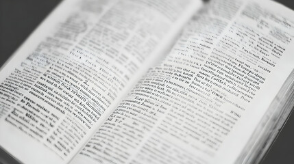 Fototapeta premium An open book with visible text lines in a black and white illustration represents knowledge, literature, and the fields of education and reading.