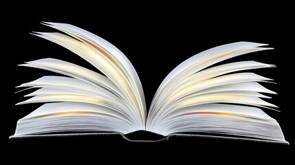 An open book with visible text lines in a black and white illustration represents knowledge, literature, and the fields of education and reading.