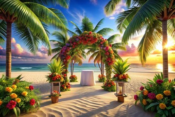 Fototapeta premium Exotic Tropical Beach Wedding Altar, Island Getaway Destination Wedding Ceremony Setup