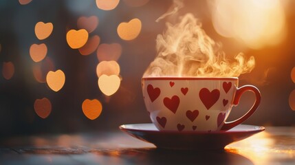 Romantic coffee cup set with red and white hearts, steam rising in heart shapes, cozy warm tones and subtle bokeh effect