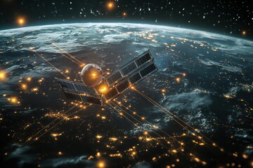 Global internet connectivity via satellites shown providing remote area service.
