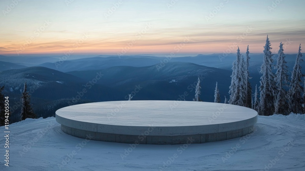 Poster wide-angle view of a circular platform surrounded by snow-covered trees, mountains, and soft light c