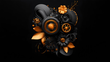 Abstract Black and Gold Mechanical Floral Design