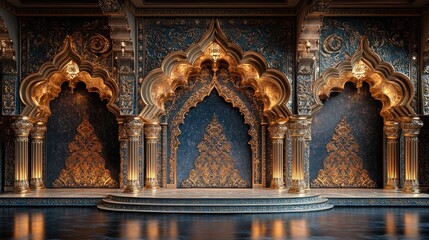 Opulent Palace Interior: A Symphony of Gold and Blue Hues.  Discover the rich details and intricate design of this majestic architectural marvel.