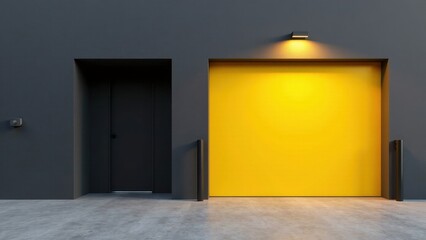 Modern building exterior with contrasting yellow and gray tones, featuring a large roll-up door and a smaller, adjacent entryway, illuminated by a single overhead light.
