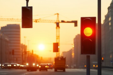 Construction activity is ongoing at a city site, with a crane lifting materials while a bulldozer works under an orange sunset