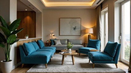 Modern Living Room Interior Design with Teal Accents and Neutral Walls