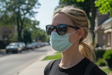 A woman wearing sunglasses and a surgical mask stands on a sunny suburban street, taking in the calm and peaceful surroundings.