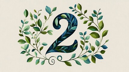 Elegant Number Two Surrounded by Lush Greenery and Organic Swirls in a Serene Botanical Design, Perfect for Nature-Inspired Projects