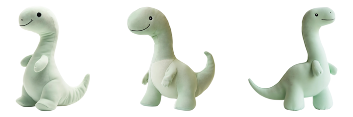 Collection of Simple Pastel Green Stuffed Dinosaur Toy Isolated on a White or Transparent Background.	