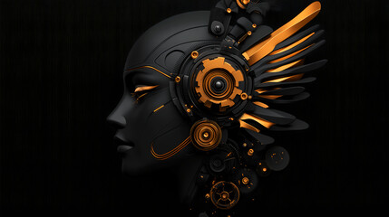 Cyberpunk Angel Black and Gold Robotic Head