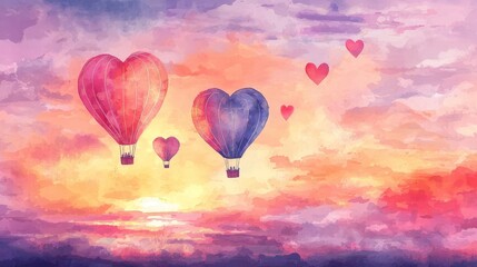 Fototapeta premium Romantic hot air balloon ride at sunset, heart-shaped balloons flying across the sky, watercolor illustration