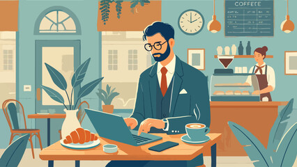 A man wearing glasses is doing work accompanied by a cup of coffee and croissant