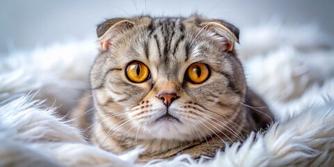 Naklejka premium Fluffy Scottish Fold Cat Relaxing on Soft Bed - Macro Photography