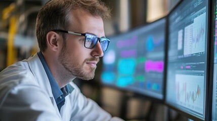 A focused professional analyzes data on multiple screens, showcasing advanced technology and a modern workspace.