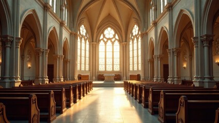 Fototapeta premium Sunlit Sanctuary A Tranquil Church Interior with Wooden Pews and Gothic Architecture