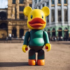 Duck Bear Toy in City Square: A cheerful yellow duck-bear collectible toy stands proudly in a city...