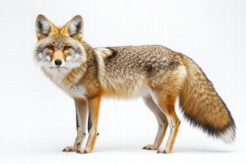Obraz premium A realistic depiction of a coyote, showcasing its striking fur patterns and alert stance against a plain background.
