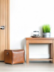 Rustic wooden side table displays stylish leather ottoman soft light illuminates minimalist home decor. AI Generated