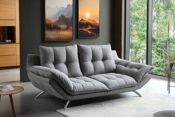 Elegant gray sofa bed with silver legs and buttons, dual seating for living room or bedroom, multifunctional, stylish, space-saving design.