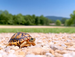 Obraz premium Tiny Tortoise Slowly Crawls Sunny Pebble Path. AI Generated