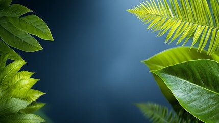 Lush tropical leaves frame dark blue background softly lit. AI Generated