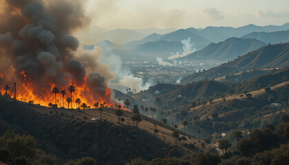Wildfire in the Mountain Forest, The Concept of Natural Disaster and Environmental Impact.